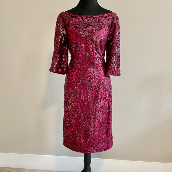 Carmen Marc Valvo Infusion V-Back Sequin Lace Cocktail Dress - Picture 1 of 10
